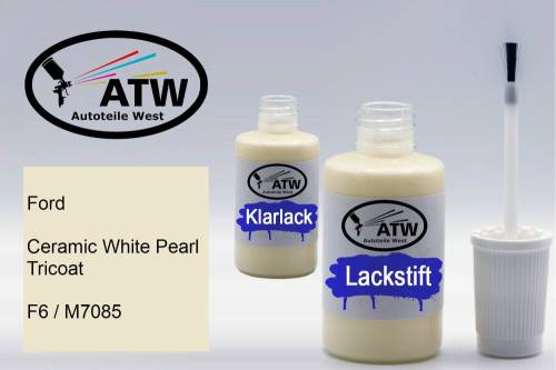 Ford, Ceramic White Pearl Tricoat, F6 / M7085: 20ml Lackstift + 20ml Klarlack - Set, von ATW Autoteile West.
